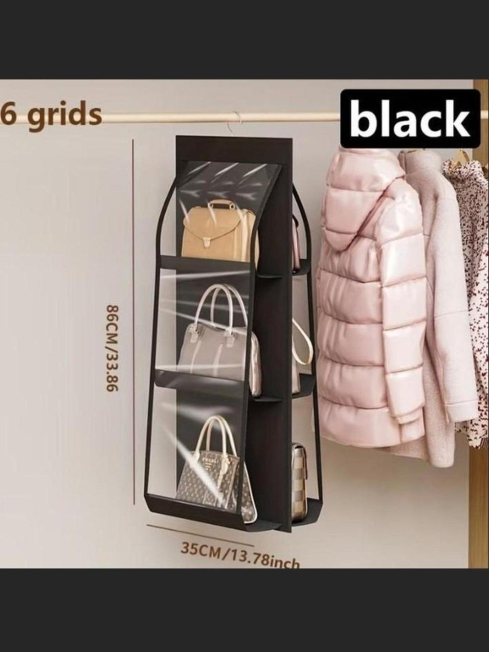 Black Hanging Purse Organizer for Closet 6 Grids